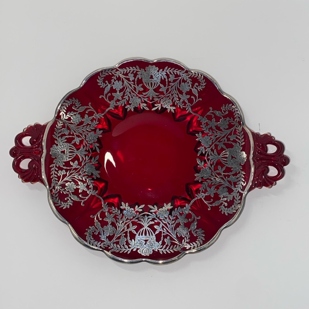 Ruby Red Viking Glass  Serving Plate Sterling Silver Overlay